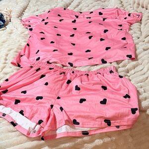 Pink Heart-Print Women's Pajama Set - Short Sleeve Top & Shorts